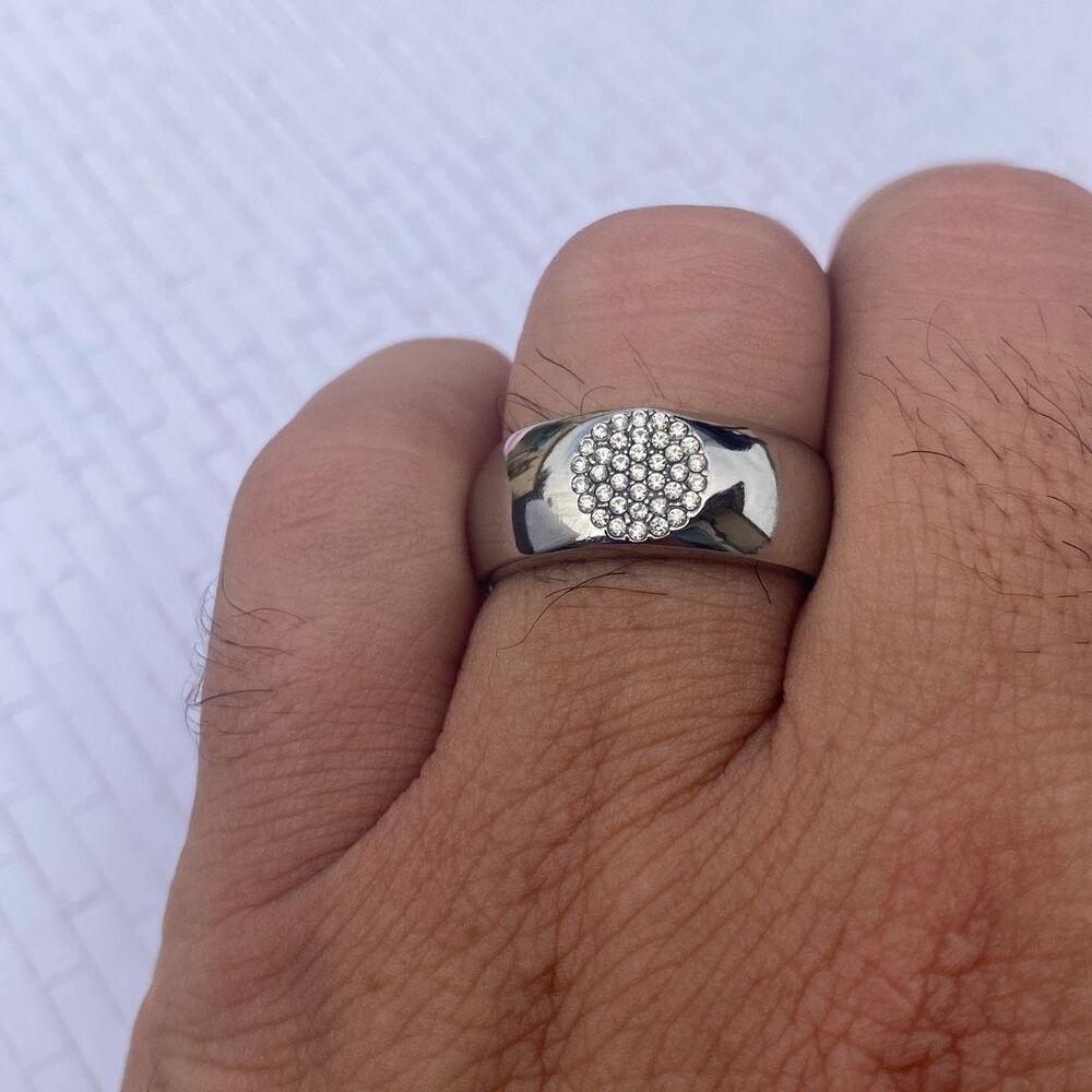 Men’s Stainless Steel Ring Size 11 CZ Cluster Statement Band Silver